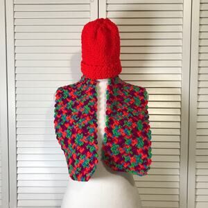 NWT Handmade Crocheted Kids Red Multicolor Textured Beanie & Scarf 41”